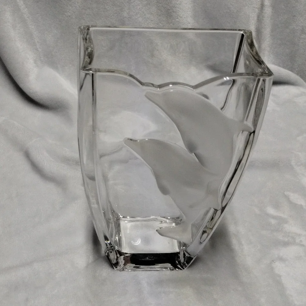 Dolphin Crystal Vase Large Heavy‎ Glass Coastal Nautical Decor Beach House